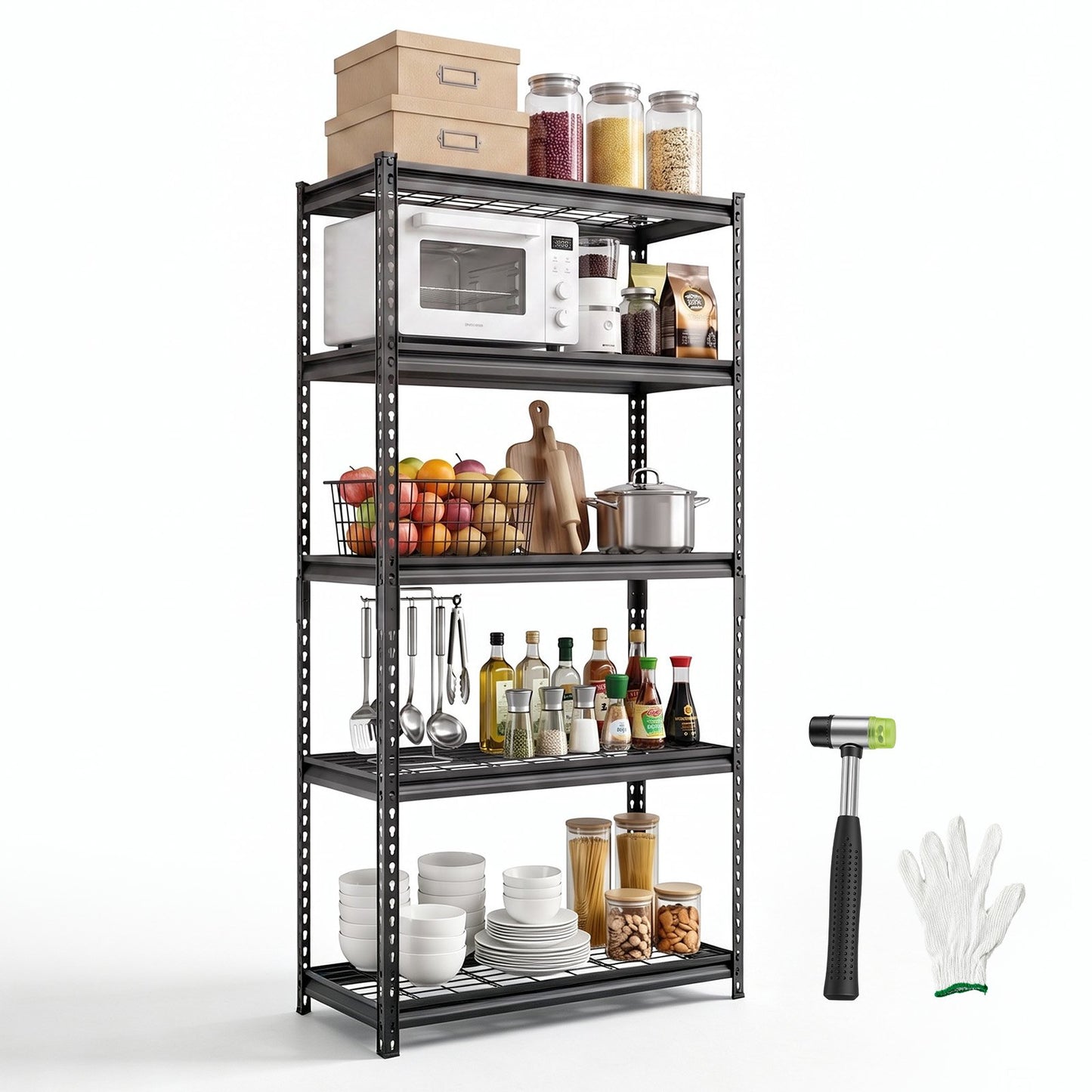 Storage Shelves, 5-Tier 907.2 kg Garage Shelving 92.3 x 41.5 x 181 cm, for Garage, Basement, Warehouse, Kitchen, Heavy-Duty Metal Stable Construction, Adjustable Wire Racks, with Gloves, Black