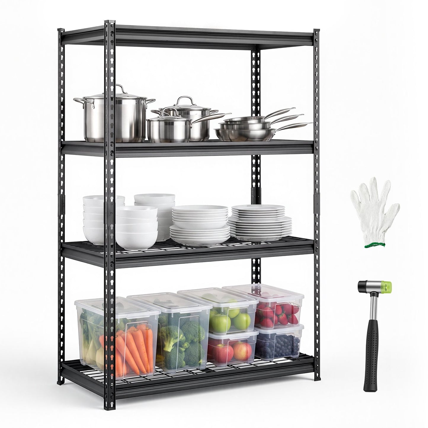 Storage Shelves, 4-Tier 1088.6 kg Garage Shelving 102 x 51 x 152 cm, for Garage, Basement, Warehouse, Kitchen, Heavy-Duty Metal Stable Construction, Adjustable Wire Racks, with Gloves, Black