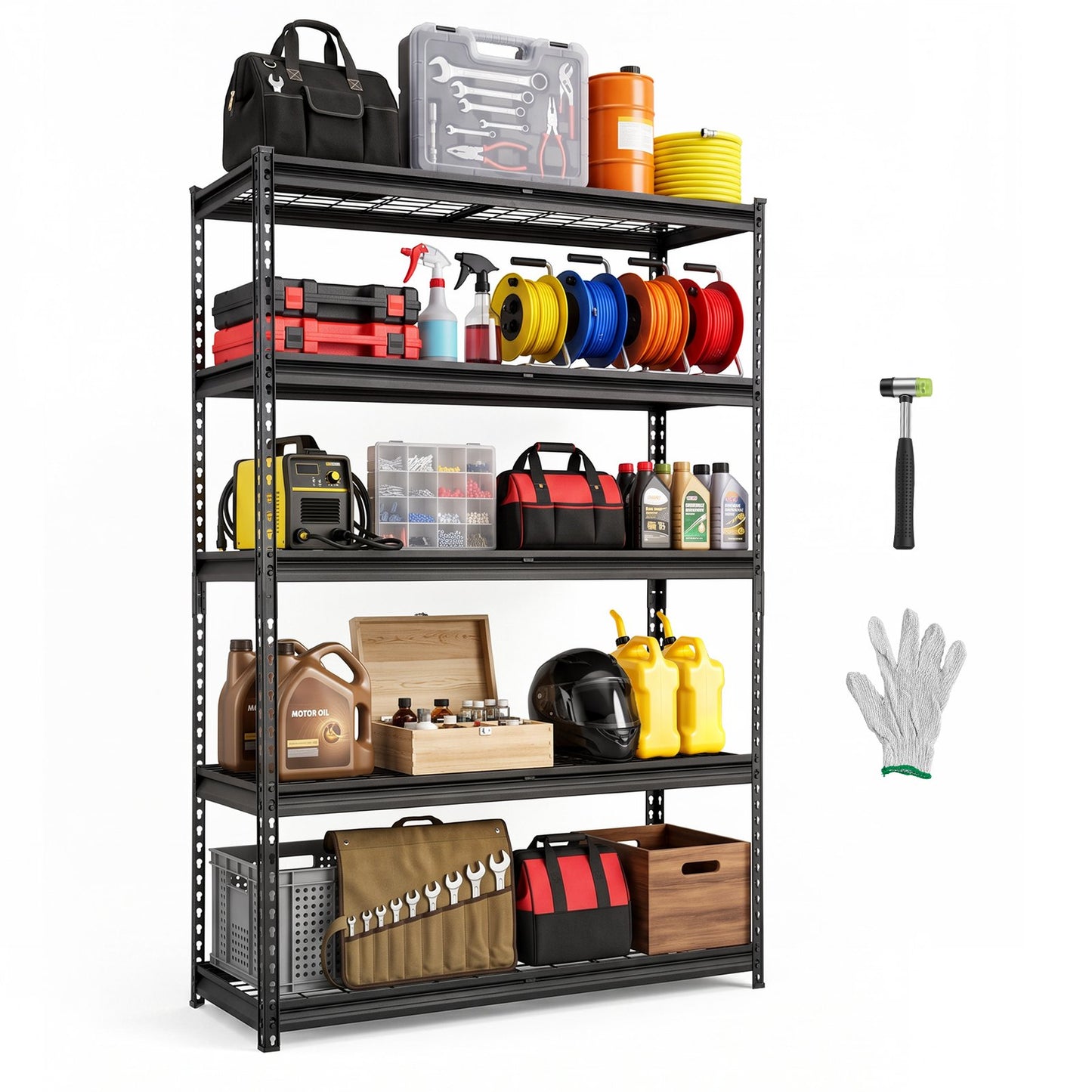 Storage Shelves, 5-Tier 1134 kg Garage Shelving 122 x 45 x 181.3 cm, for Garage, Basement, Warehouse, Kitchen, Heavy-Duty Metal Stable Construction, Adjustable Wire Racks, with Gloves, Black