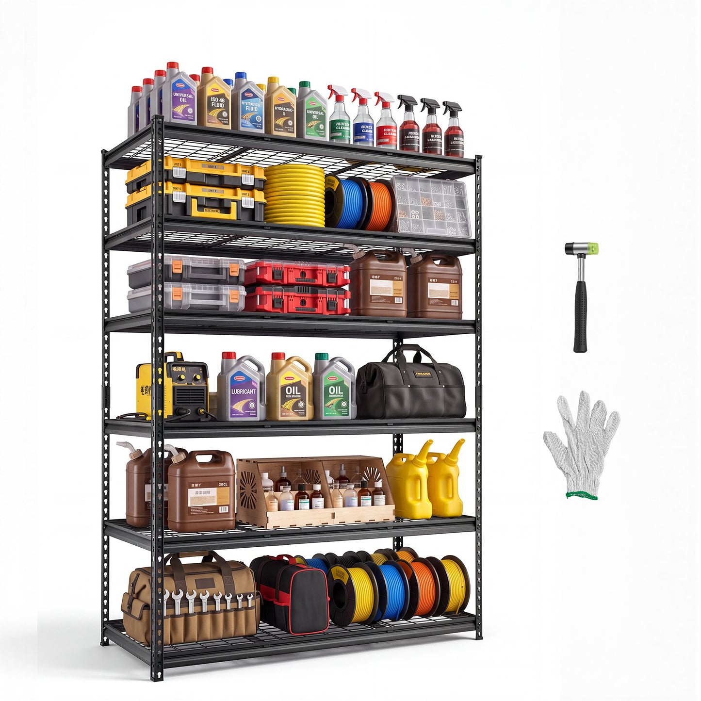 Storage Shelves, 6-Tier 1633 kg Garage Shelving 140 x 61.2 x 195.8 cm, for Garage, Basement, Warehouse, Kitchen, Heavy-Duty Metal Stable Construction, Adjustable Wire Racks, with Gloves, Black