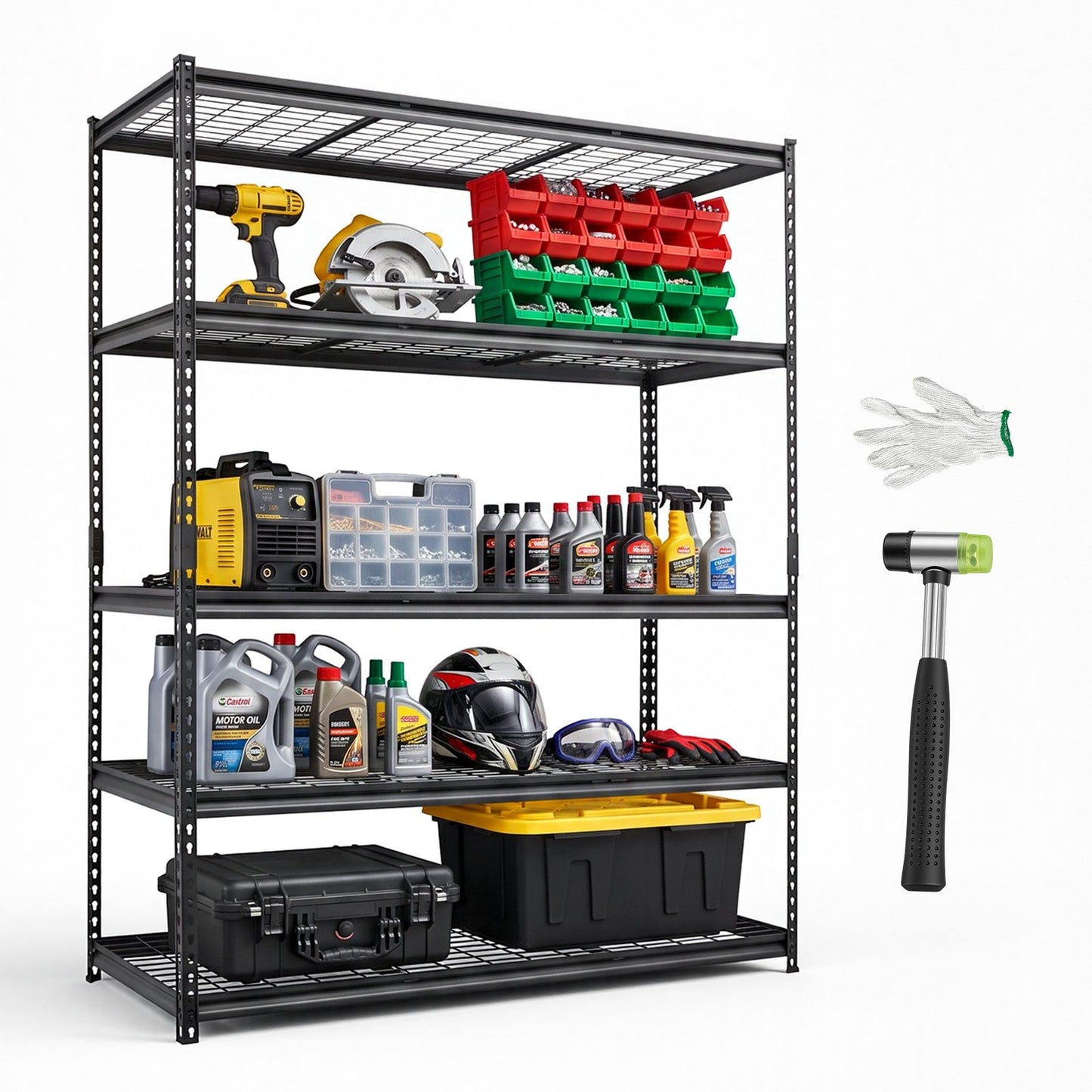 Storage Shelves, 5-Tier 1361 kg Garage Shelving 153 x 61.2 x 195.8 cm, for Garage, Basement, Warehouse, Workshop, Heavy-Duty Metal Stable Construction, Adjustable Wire Racks, with Gloves, Black