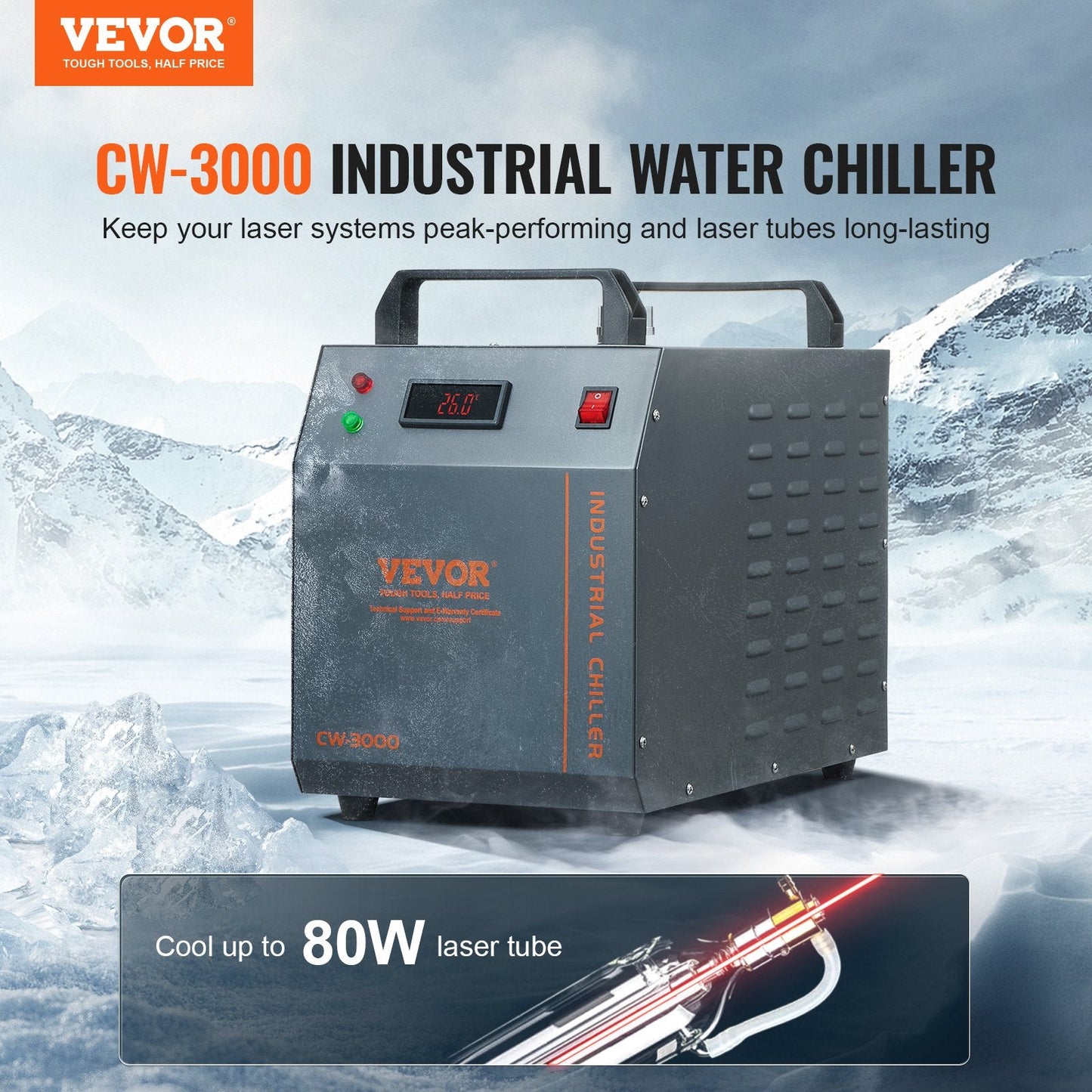 Industrial Water Chiller CW-3000, 80W, 0.01m Ports, 12L Tank, 9kg, for Laser Engraving