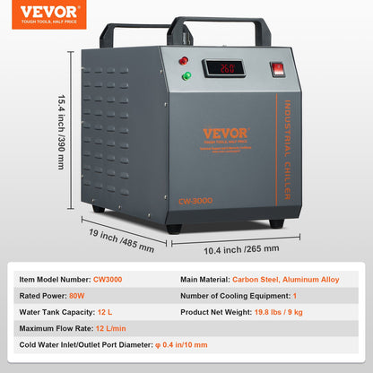 VEVOR Industrial Water Chiller, CW-3000, 80W Air-Cooled Industrial Water Cooler