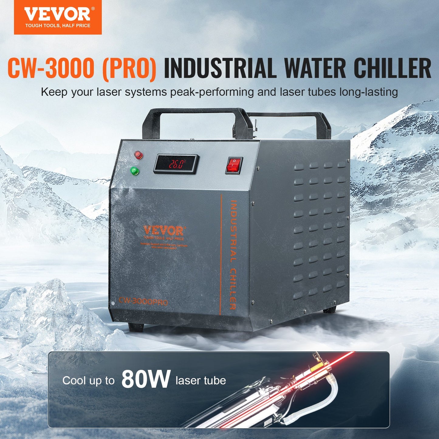 VEVOR Industrial Water Chiller, CW-3000(PRO), 150W Air-Cooled Industrial Water Cooler