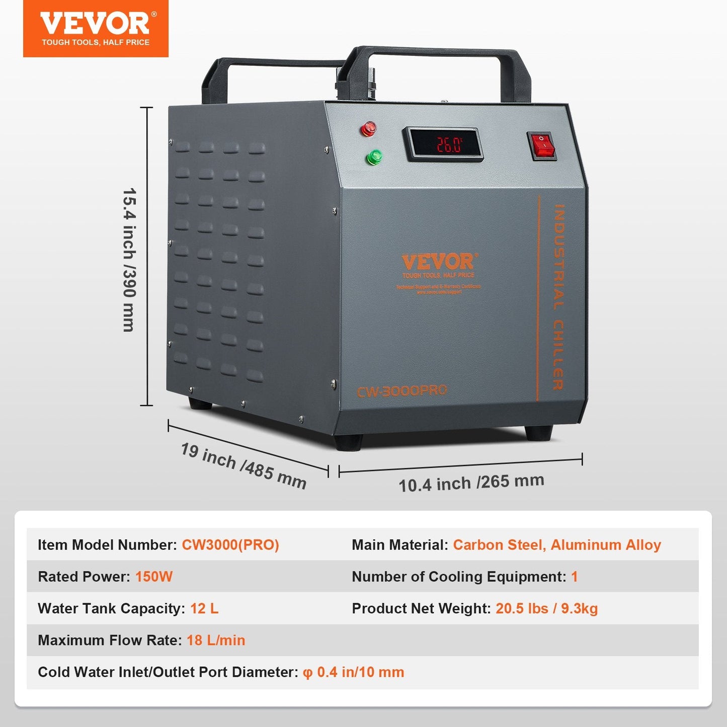 150W Air-Cooled Industrial Water Chiller with 12L Tank for Laser Engravers