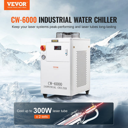 Industrial Water Chiller CW6000, 1500W, 15L Tank, 65 L/min Flow for Laser Machines