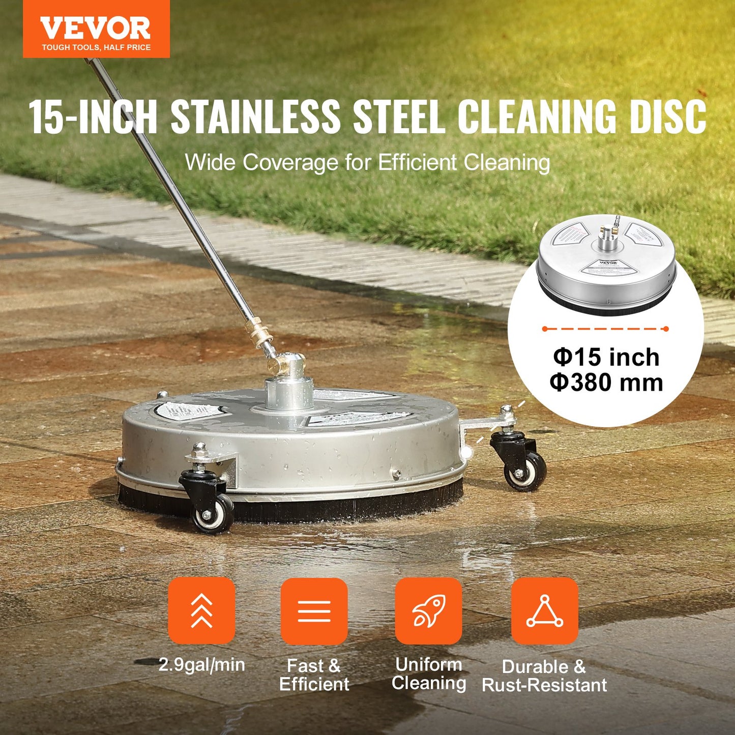 VEVOR 15" Pressure Washer Surface Cleaner w/ Wheels, Stainless Steel Concrete Cleaner