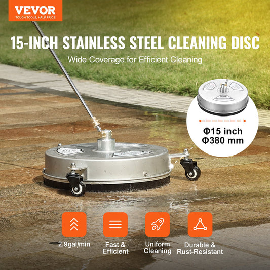VEVOR 15" Pressure Washer Surface Cleaner w/ Wheels, Stainless Steel Concrete Cleaner
