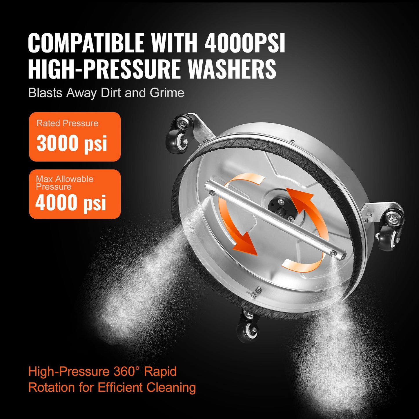 VEVOR 15" Pressure Washer Surface Cleaner w/ Wheels, Stainless Steel Concrete Cleaner