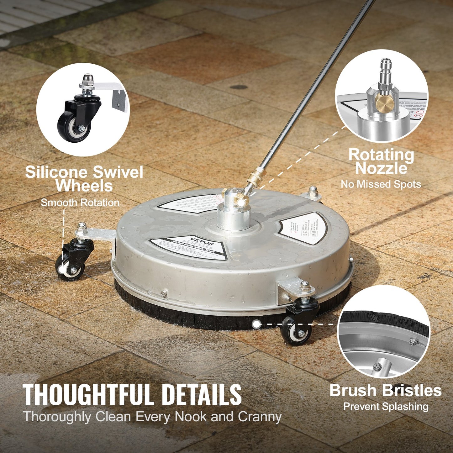 VEVOR 15" Pressure Washer Surface Cleaner w/ Wheels, Stainless Steel Concrete Cleaner