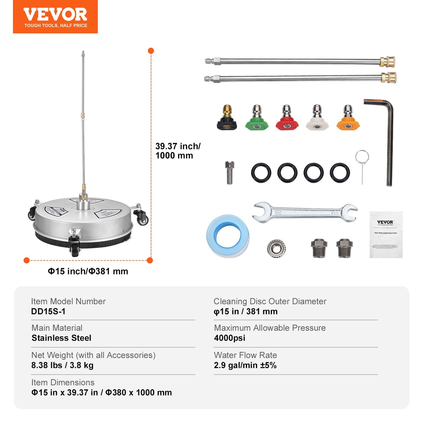 VEVOR 15" Pressure Washer Surface Cleaner w/ Wheels, Stainless Steel Concrete Cleaner