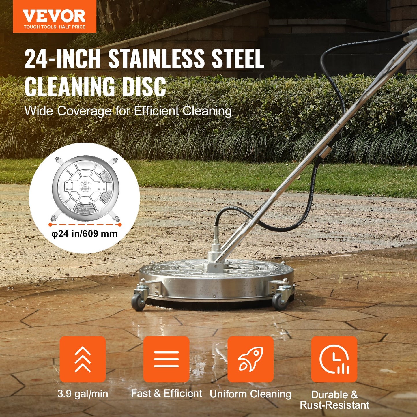 VEVOR 24" Pressure Washer Surface Cleaner w/ Handles & Wheels, Stainless Steel Concrete