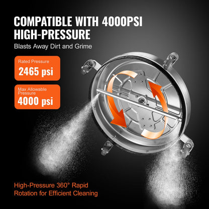 24" Stainless Steel Pressure Washer Surface Cleaner with Handles & Wheels, 4000 PSI