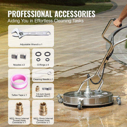 24" Stainless Steel Pressure Washer Surface Cleaner with Handles & Wheels, 4000 PSI