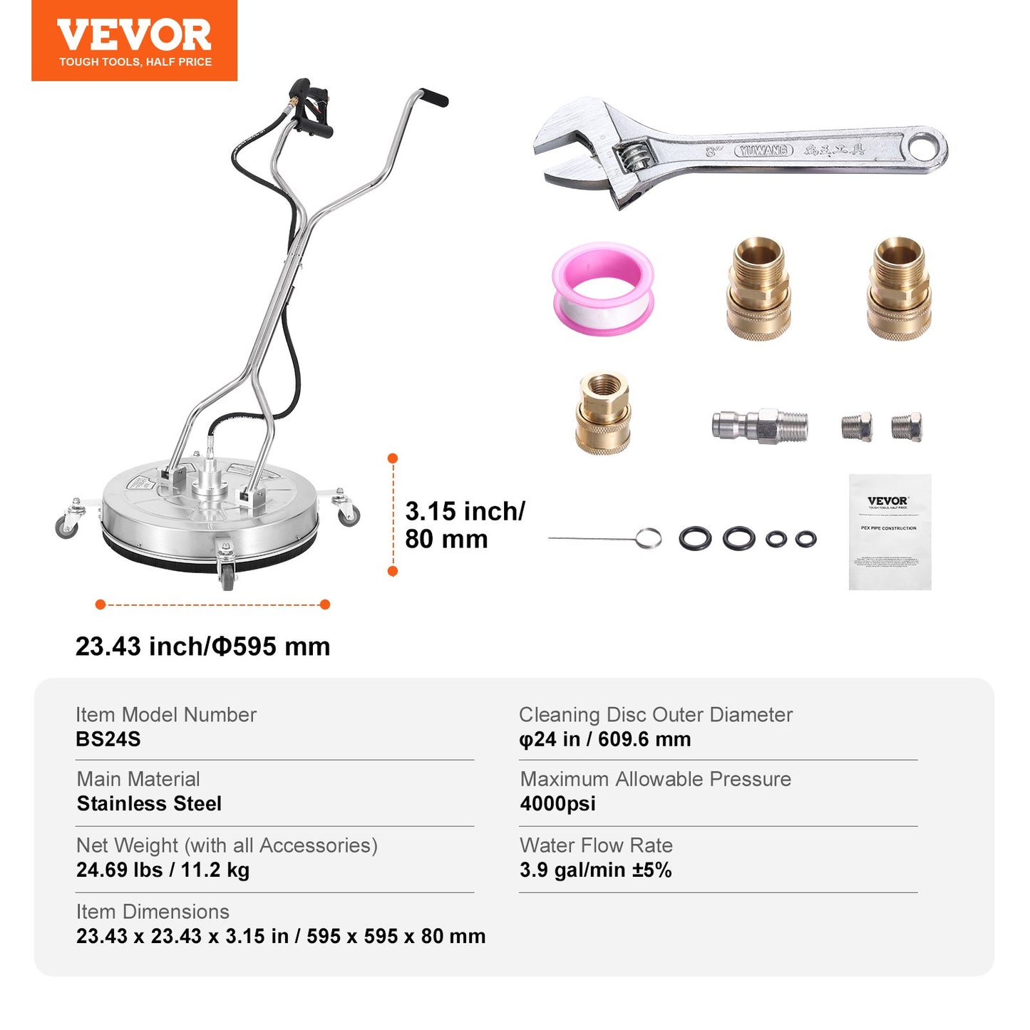 VEVOR 24" Pressure Washer Surface Cleaner w/ Handles & Wheels, Stainless Steel Concrete