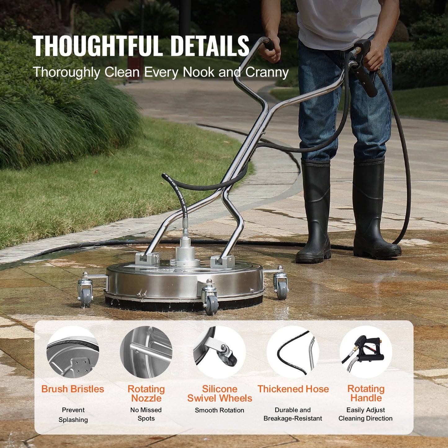 VEVOR 20" Pressure Washer Surface Cleaner w/ Handles & Wheels, Stainless Steel Concrete