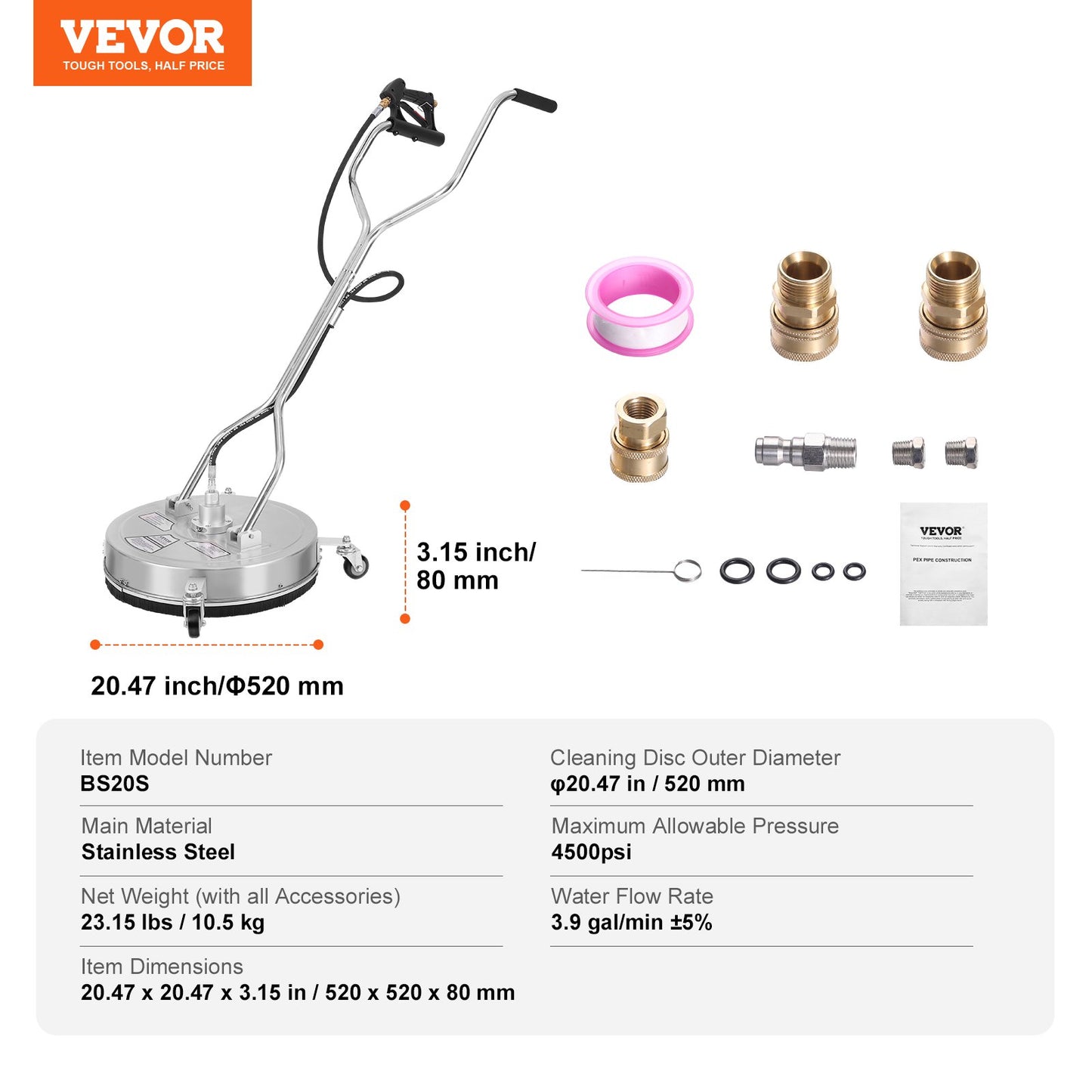 VEVOR 20" Pressure Washer Surface Cleaner w/ Handles & Wheels, Stainless Steel Concrete