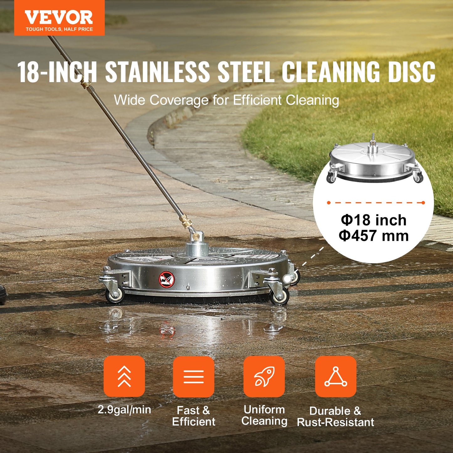 VEVOR 18" Pressure Washer Surface Cleaner w/ Wheels, Stainless Steel Concrete Cleaner