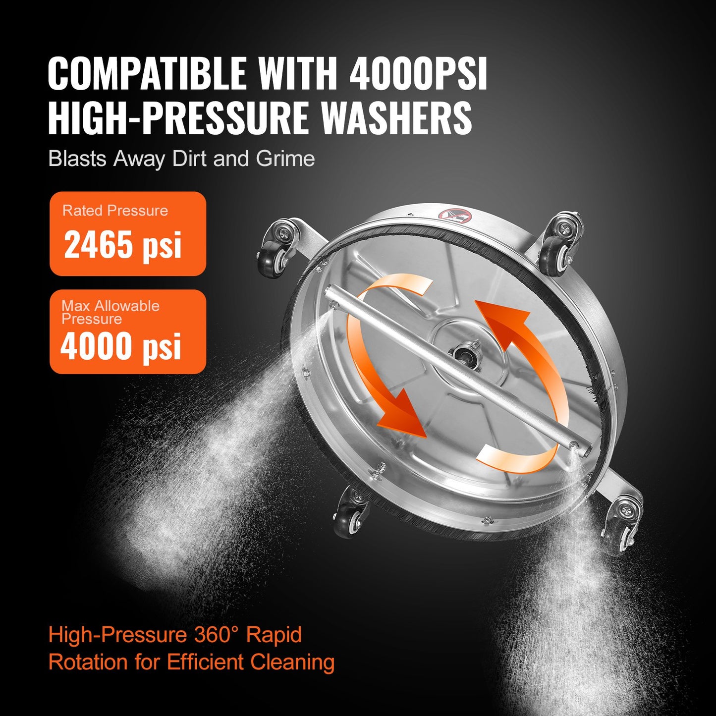 VEVOR 18" Pressure Washer Surface Cleaner w/ Wheels, Stainless Steel Concrete Cleaner