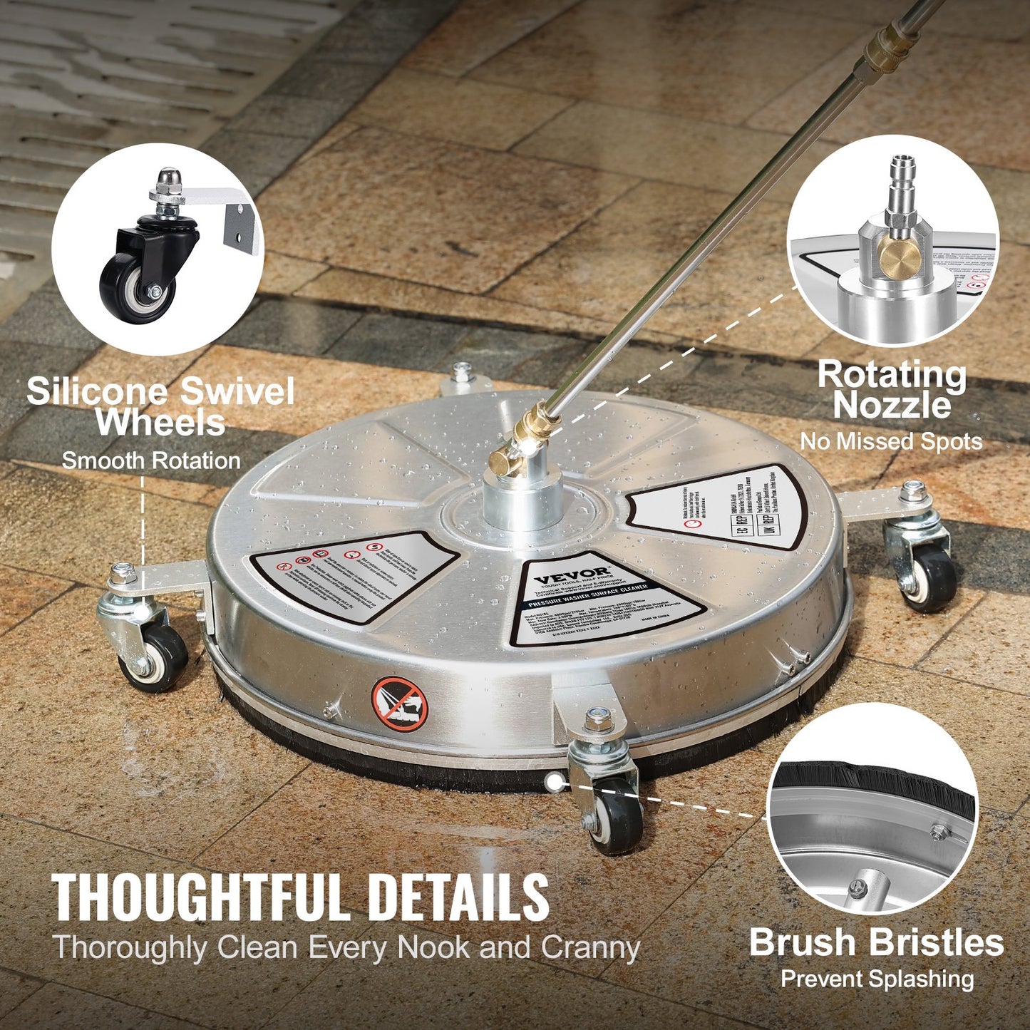 VEVOR 18" Pressure Washer Surface Cleaner w/ Wheels, Stainless Steel Concrete Cleaner