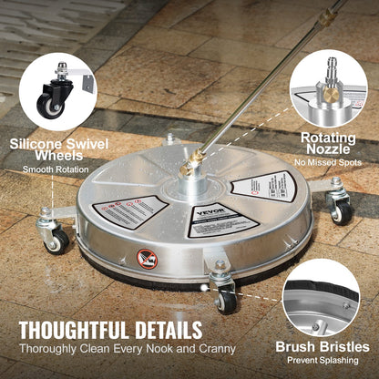 VEVOR 18" Pressure Washer Surface Cleaner w/ Wheels, Stainless Steel Concrete Cleaner