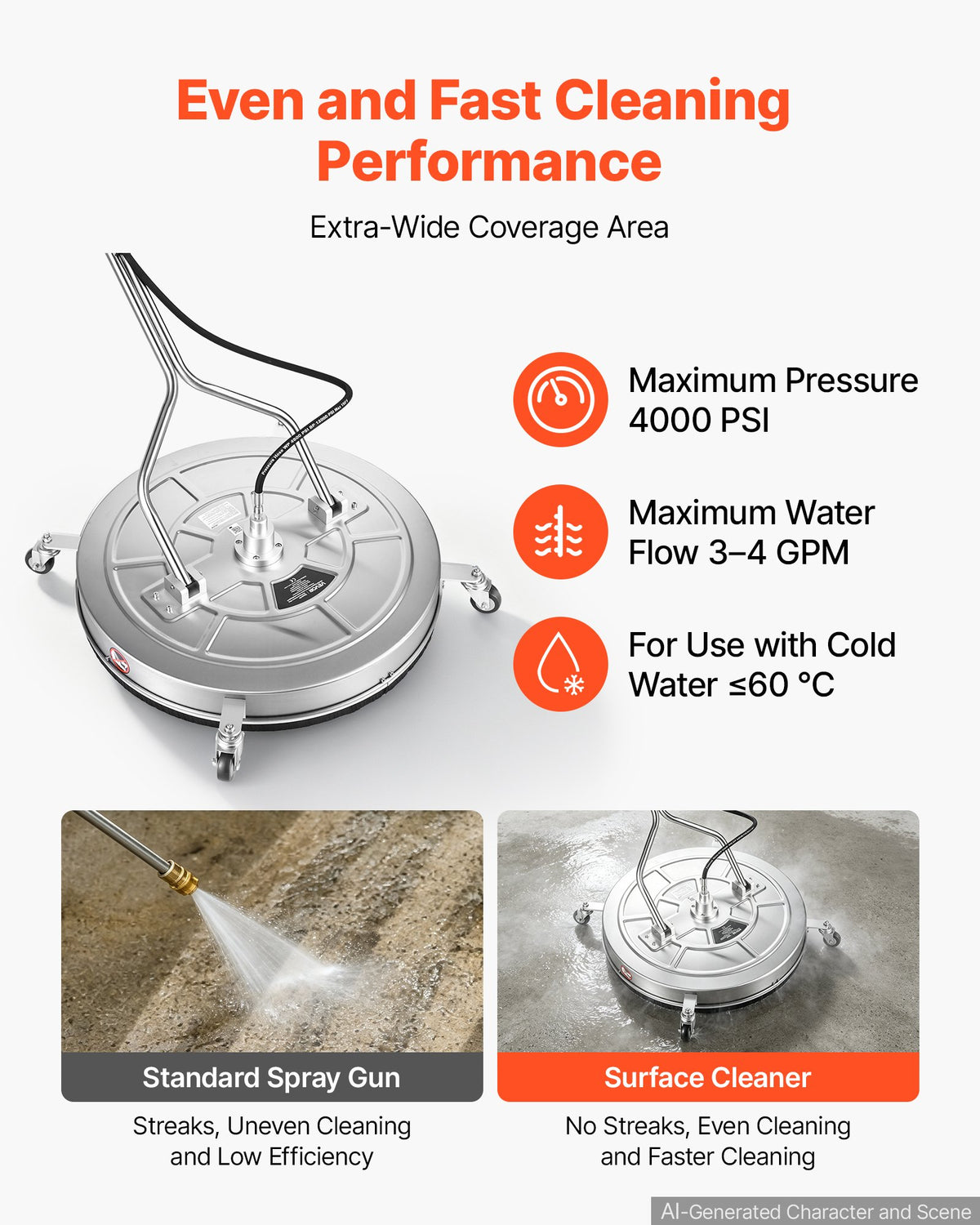 76.2 cm Pressure Washer Surface Cleaner with Wheels, Stainless Steel, Power Washer Attachment with Raised Handle for Concrete, Patio, Sidewalk, Deck, Driveway, 4000 Max PSI, 3/8 Quick Connector