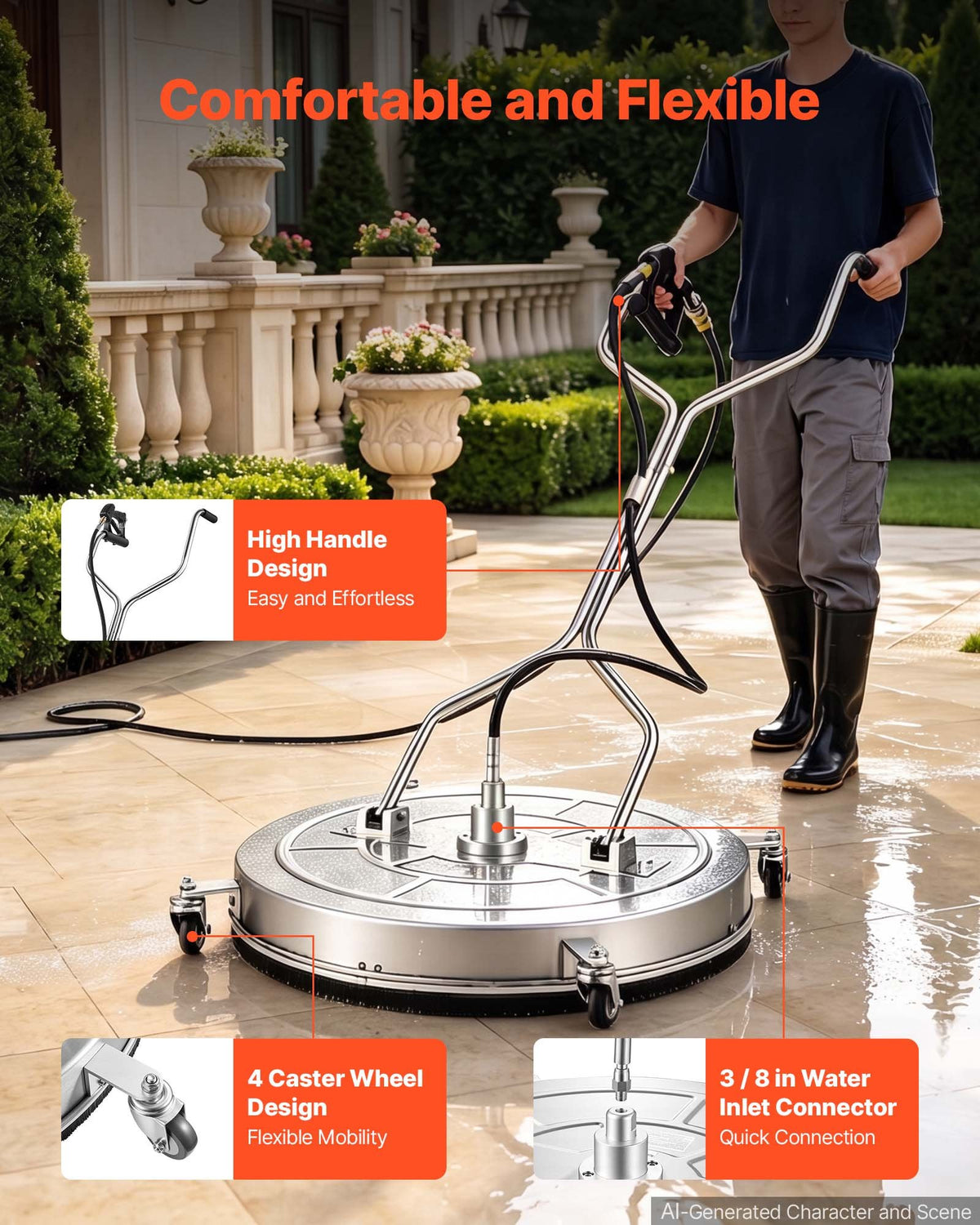 76.2 cm Pressure Washer Surface Cleaner with Wheels, Stainless Steel, Power Washer Attachment with Raised Handle for Concrete, Patio, Sidewalk, Deck, Driveway, 4000 Max PSI, 3/8 Quick Connector