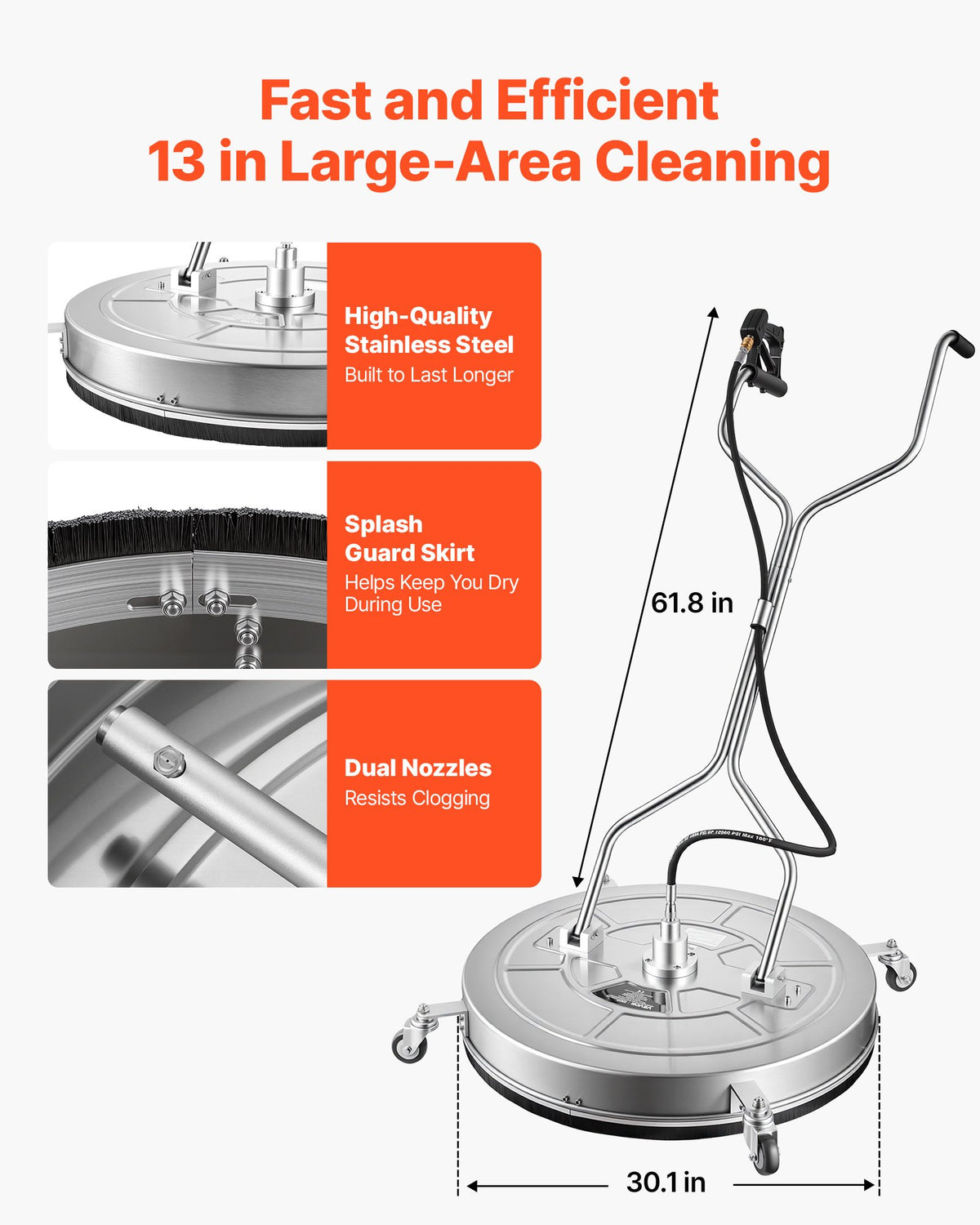 76.2 cm Pressure Washer Surface Cleaner with Wheels, Stainless Steel, Power Washer Attachment with Raised Handle for Concrete, Patio, Sidewalk, Deck, Driveway, 4000 Max PSI, 3/8 Quick Connector