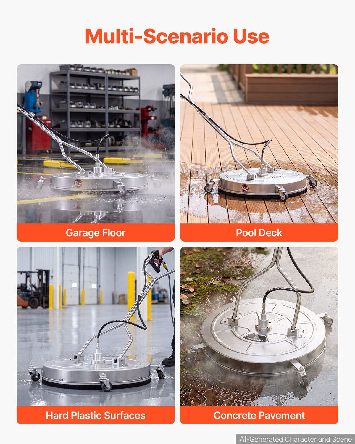 76.2 cm Pressure Washer Surface Cleaner with Wheels, Stainless Steel, Power Washer Attachment with Raised Handle for Concrete, Patio, Sidewalk, Deck, Driveway, 4000 Max PSI, 3/8 Quick Connector