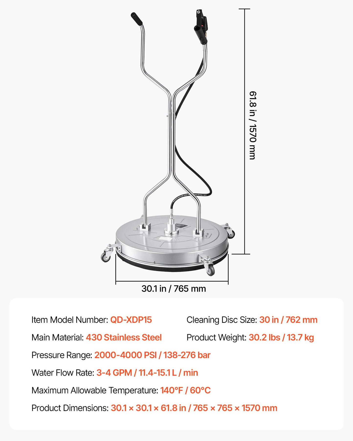 76.2 cm Pressure Washer Surface Cleaner with Wheels, Stainless Steel, Power Washer Attachment with Raised Handle for Concrete, Patio, Sidewalk, Deck, Driveway, 4000 Max PSI, 3/8 Quick Connector