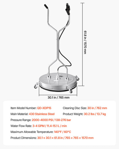 76.2 cm Pressure Washer Surface Cleaner with Wheels, Stainless Steel, Power Washer Attachment with Raised Handle for Concrete, Patio, Sidewalk, Deck, Driveway, 4000 Max PSI, 3/8 Quick Connector