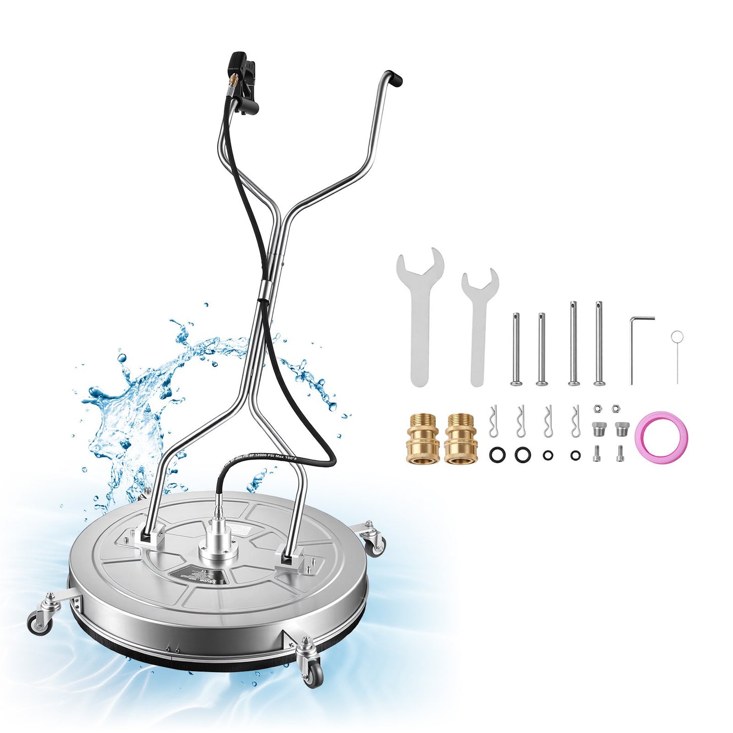 76.2 cm Pressure Washer Surface Cleaner with Wheels, Stainless Steel, Power Washer Attachment with Raised Handle for Concrete, Patio, Sidewalk, Deck, Driveway, 4000 Max PSI, 3/8 Quick Connector