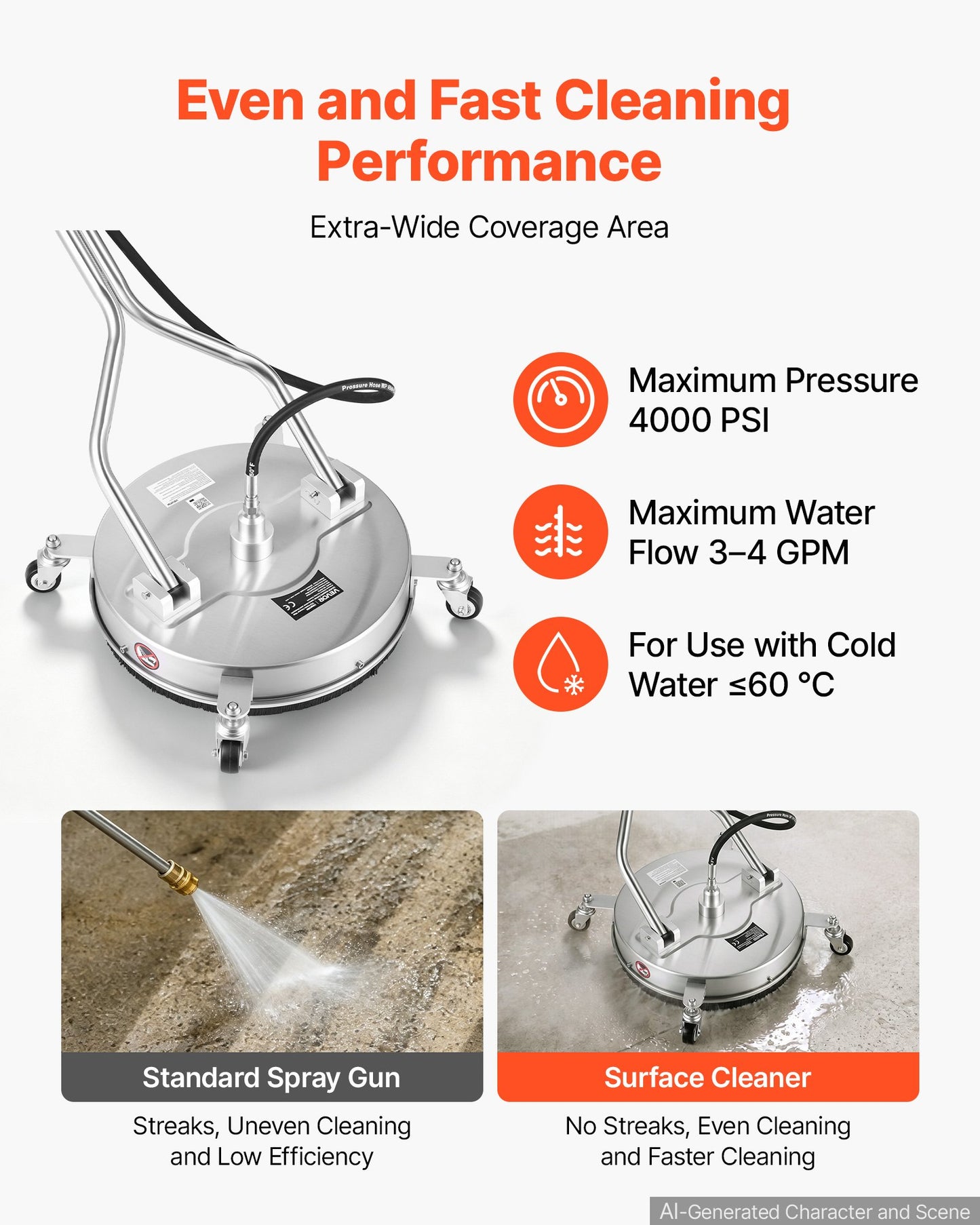 41.9 cm Pressure Washer Surface Cleaner with Wheels, Stainless Steel, Power Washer Attachment with Raised Handle for Concrete, Patio, Sidewalk, Deck, Driveway, 4000 Max PSI, 3/8 Quick Connector