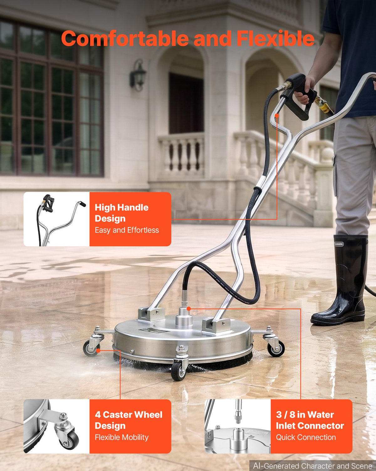41.9 cm Pressure Washer Surface Cleaner with Wheels, Stainless Steel, Power Washer Attachment with Raised Handle for Concrete, Patio, Sidewalk, Deck, Driveway, 4000 Max PSI, 3/8 Quick Connector