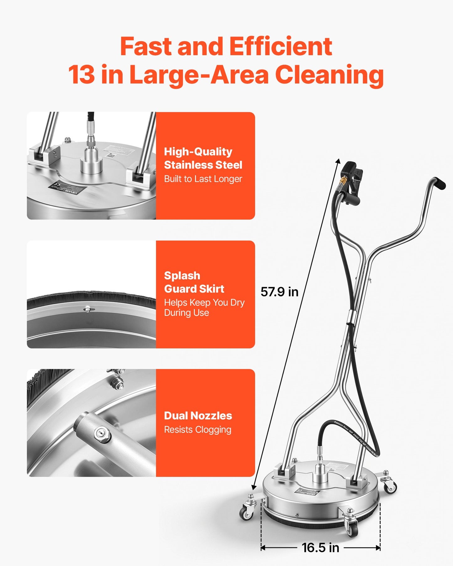 41.9 cm Pressure Washer Surface Cleaner with Wheels, Stainless Steel, Power Washer Attachment with Raised Handle for Concrete, Patio, Sidewalk, Deck, Driveway, 4000 Max PSI, 3/8 Quick Connector