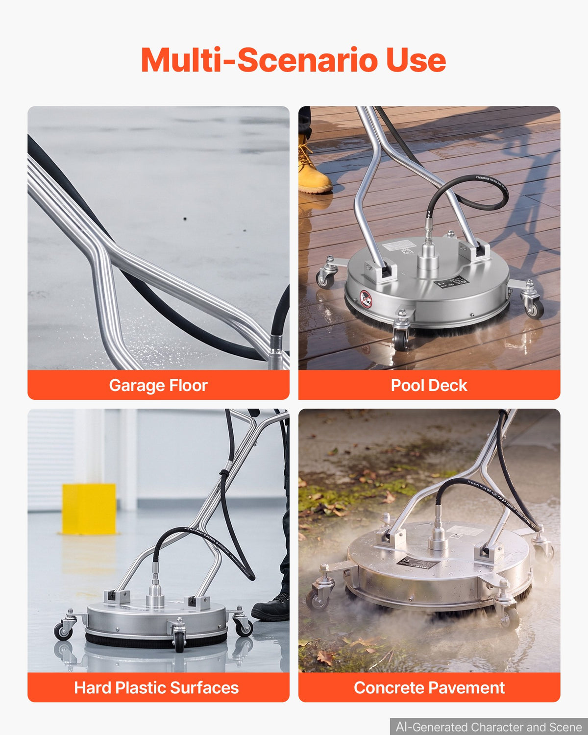 41.9 cm Pressure Washer Surface Cleaner with Wheels, Stainless Steel, Power Washer Attachment with Raised Handle for Concrete, Patio, Sidewalk, Deck, Driveway, 4000 Max PSI, 3/8 Quick Connector