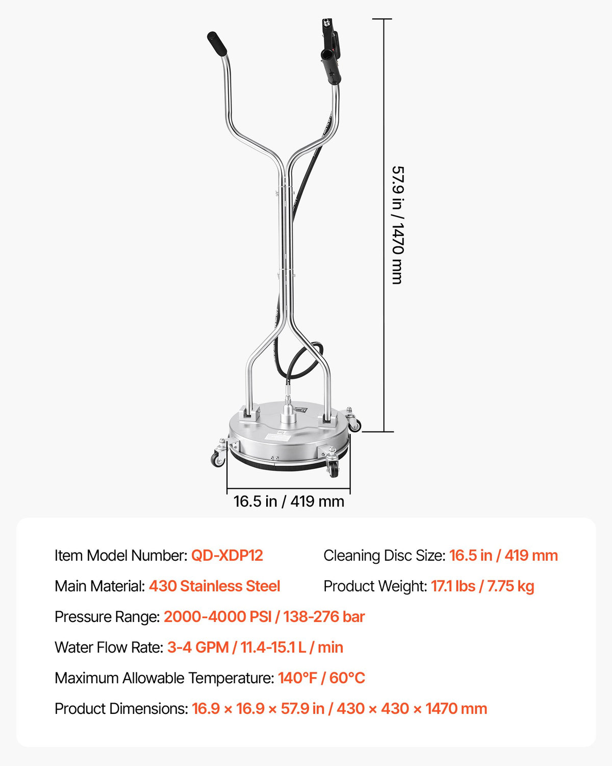 41.9 cm Pressure Washer Surface Cleaner with Wheels, Stainless Steel, Power Washer Attachment with Raised Handle for Concrete, Patio, Sidewalk, Deck, Driveway, 4000 Max PSI, 3/8 Quick Connector
