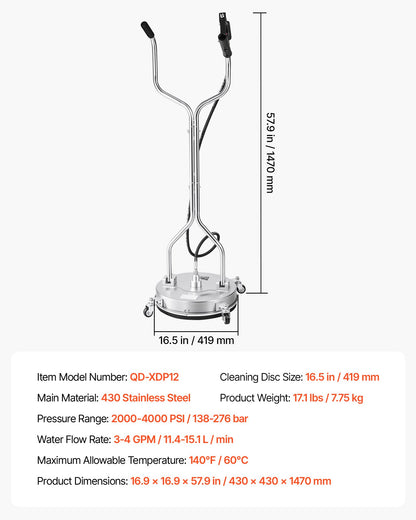 41.9 cm Pressure Washer Surface Cleaner with Wheels, Stainless Steel, Power Washer Attachment with Raised Handle for Concrete, Patio, Sidewalk, Deck, Driveway, 4000 Max PSI, 3/8 Quick Connector