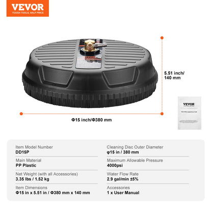 VEVOR Universal 15" Pressure Washer Surface Cleaner, Pressure Washer Attachment