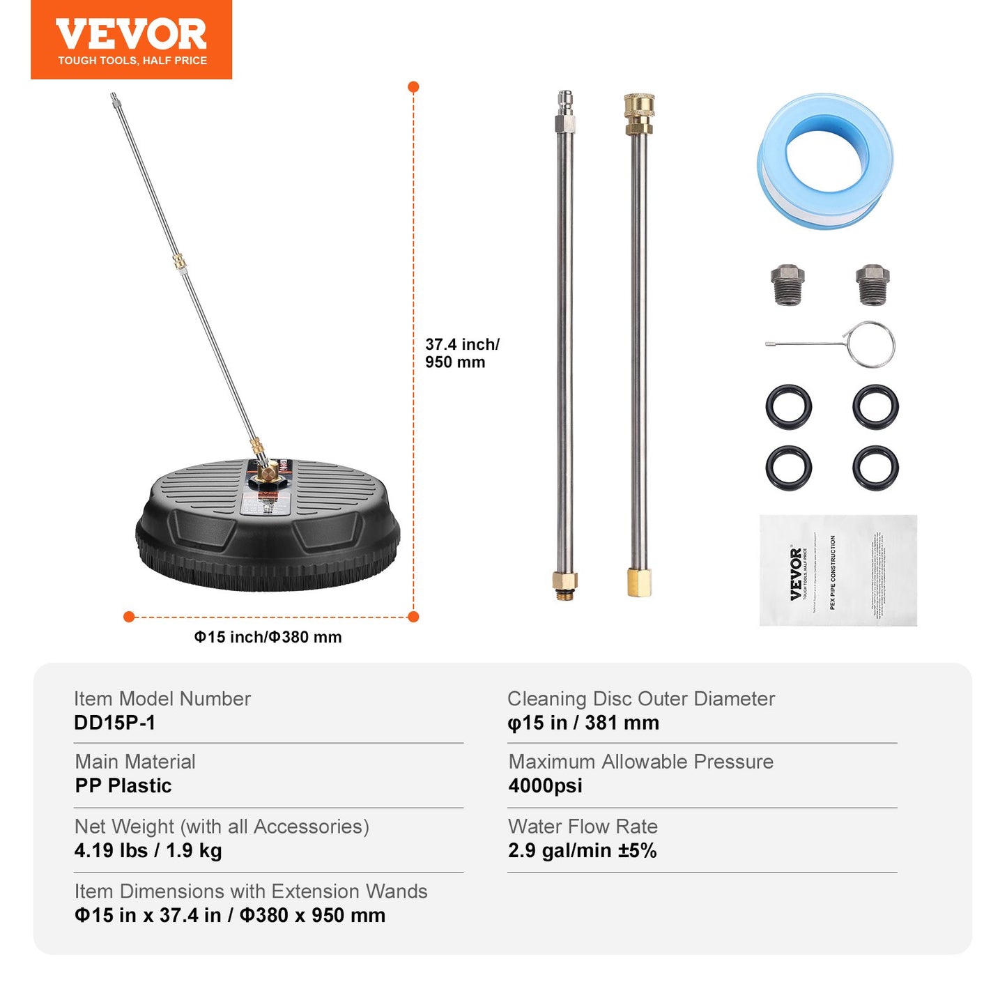 VEVOR Pressure Washer Surface Cleaner Universal 15", Pressure Washer Attachment