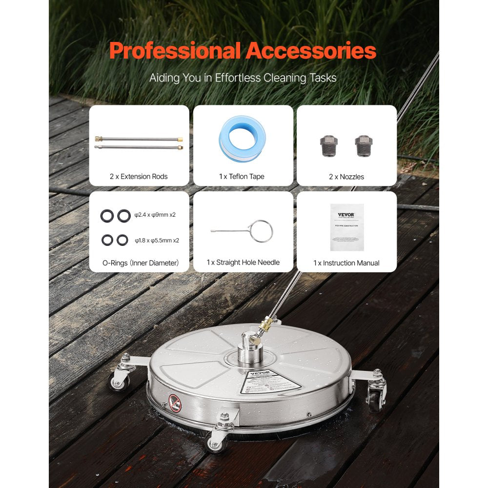 18" Pressure Washer Surface Cleaner 4 Wheels 4000 Max PSI 2 Extended Wands