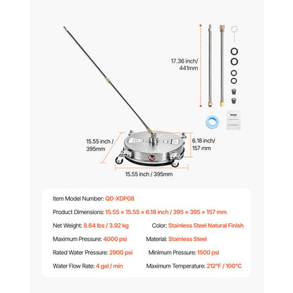 VEVOR 15" Pressure Washer Surface Cleaner 4 Wheels 4000 Max PSI 2 Extended Wands