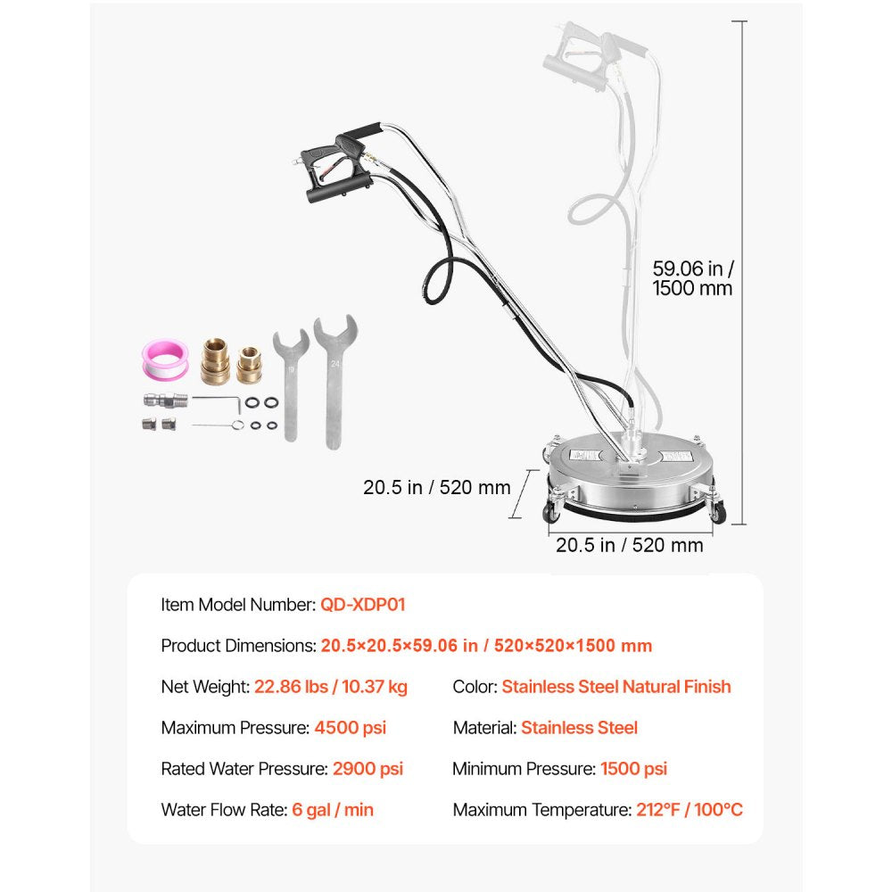VEVOR 20" Pressure Washer Surface Cleaner 4 Wheels Dual Handle 4000 Max PSI