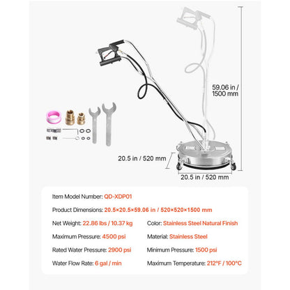 VEVOR 20" Pressure Washer Surface Cleaner 4 Wheels Dual Handle 4000 Max PSI