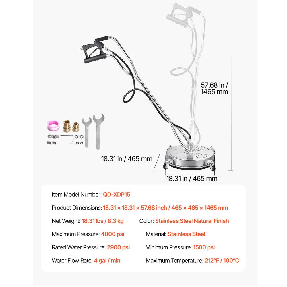 VEVOR 18" Pressure Washer Surface Cleaner 4 Wheels Dual Handle 4000 Max PSI
