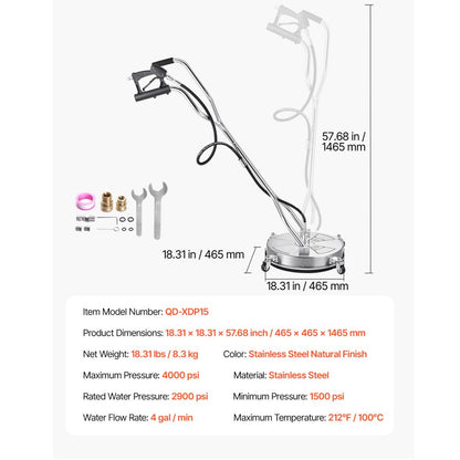 VEVOR 18" Pressure Washer Surface Cleaner 4 Wheels Dual Handle 4000 Max PSI