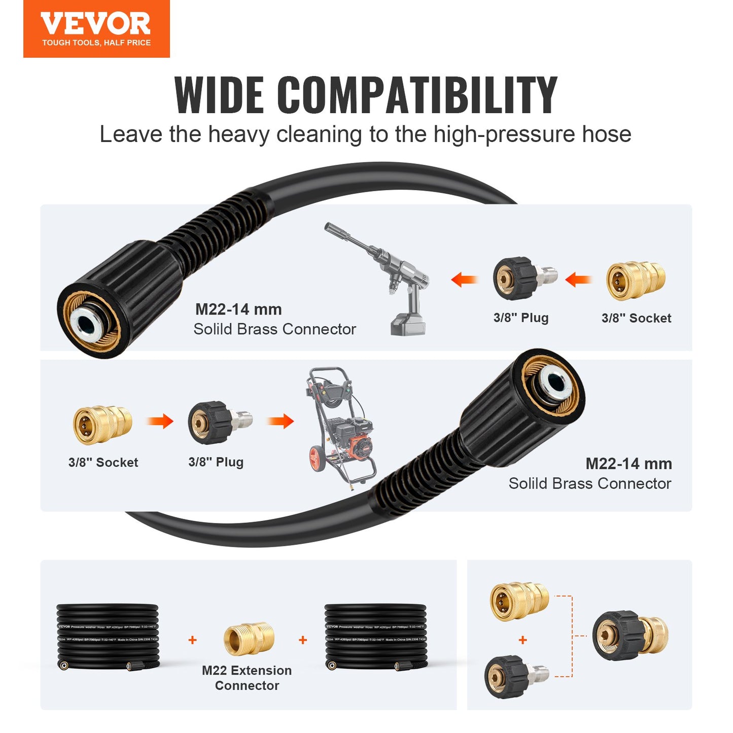 VEVOR Pressure Washer Hose, 100FT, 1/4" Kink Free M22-14mm Brass Thread Replacement