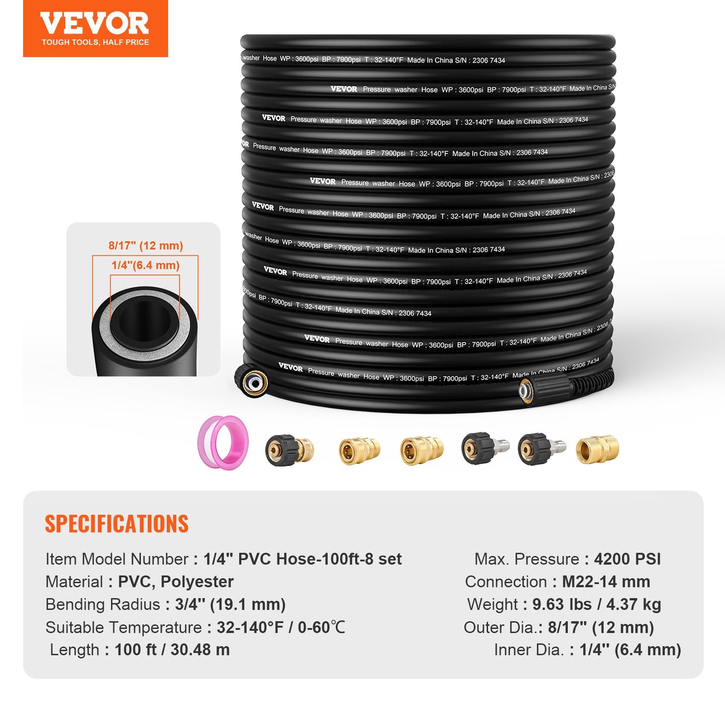 VEVOR Pressure Washer Hose, 100FT, 1/4" Kink Free M22-14mm Brass Thread Replacement