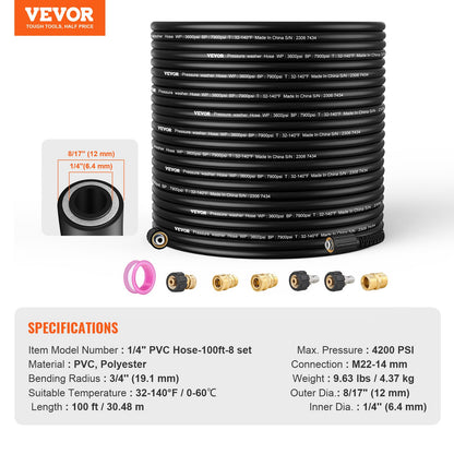 VEVOR Pressure Washer Hose, 100FT, 1/4" Kink Free M22-14mm Brass Thread Replacement