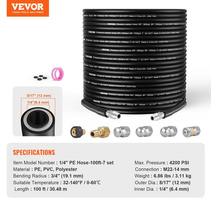 100FT Pressure Washer Hose, 1/4" Kink-Free, 4200 PSI for Most Brands